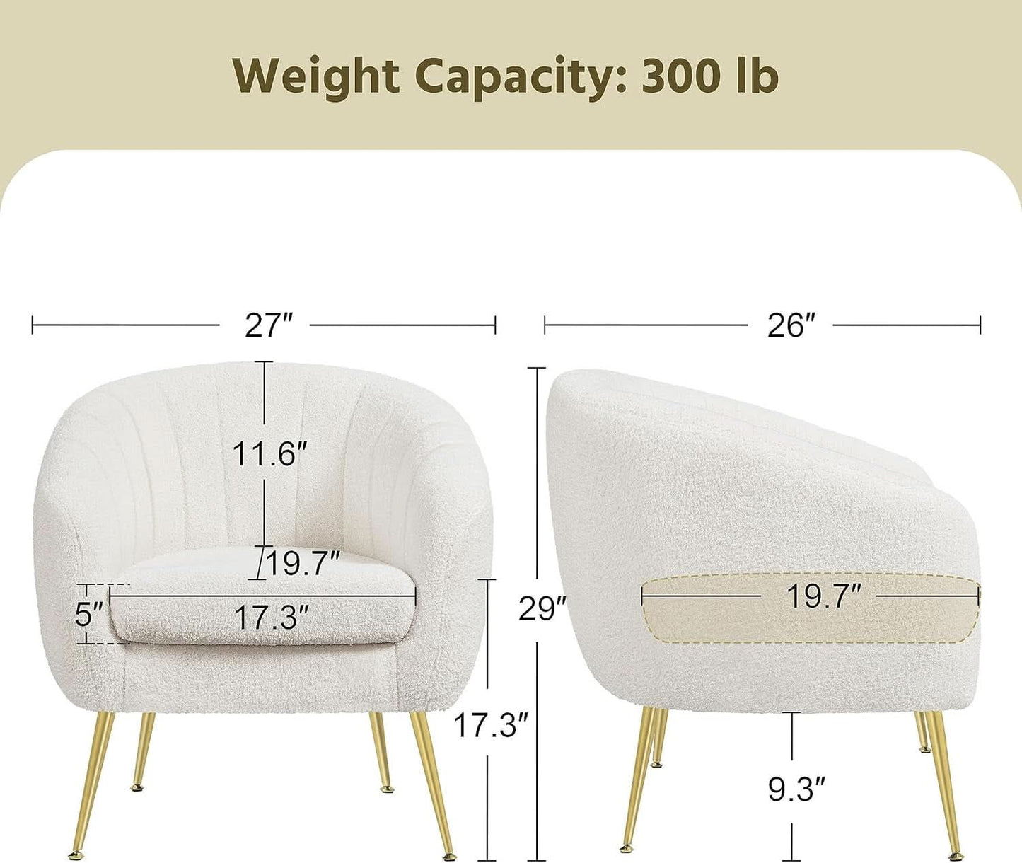 Ivory Boucle Upholstered Accent Chair Removable Cushion
