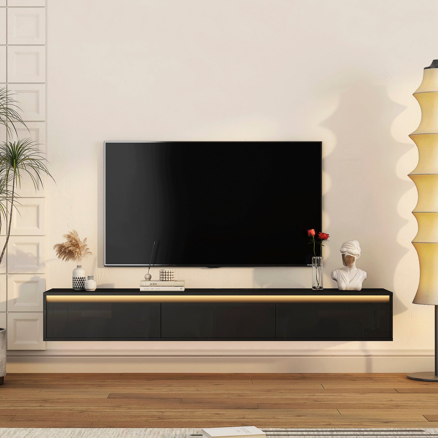TV Stand Wall-Mounted Floating LED Black MDF 3 AC 2 USB Fits 65 In TV