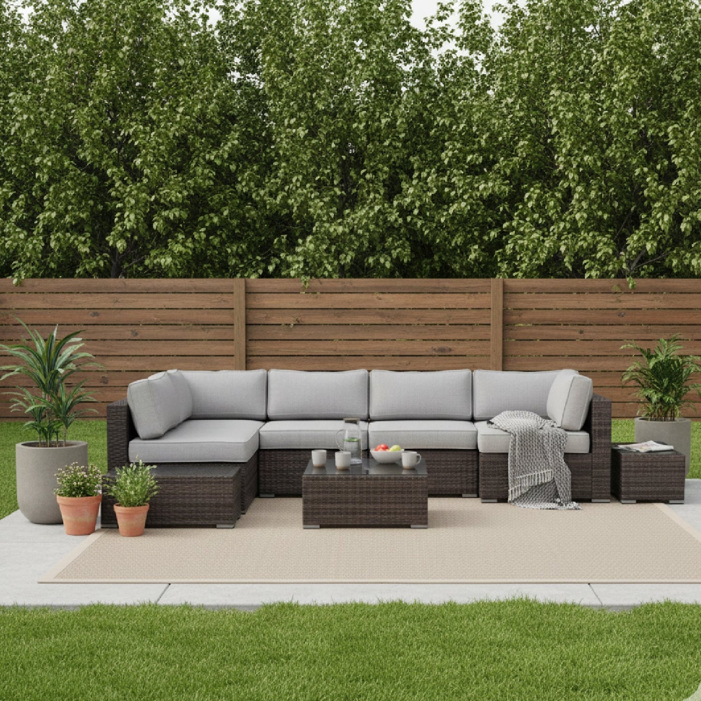 Outdoor Sectional Set HDPE Wicker Espresso 8 Piece Seats 4