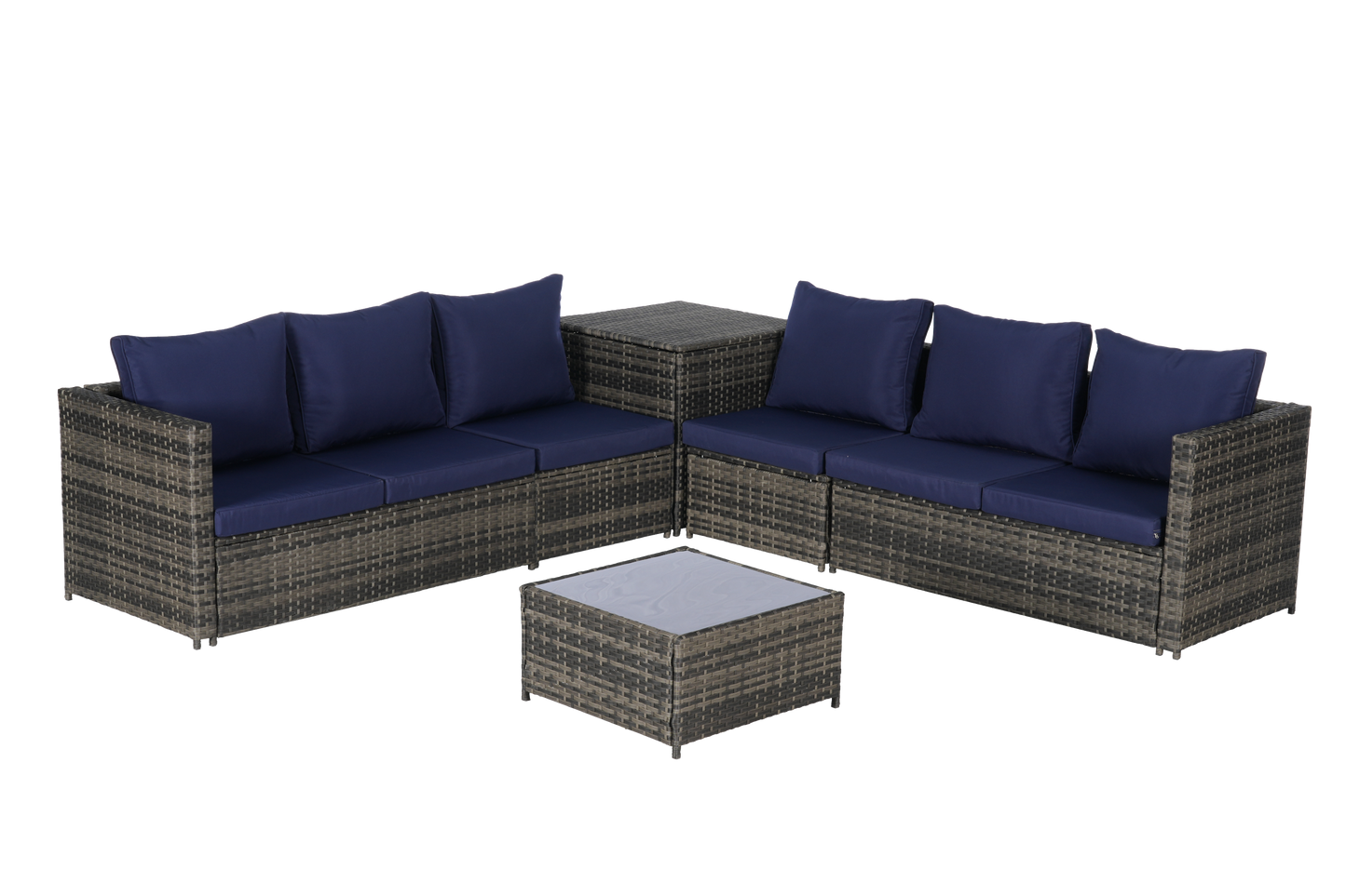 Outdoor Sectional Set PE Rattan Steel Dark Blue L-Shape 6 Piece Seats 8