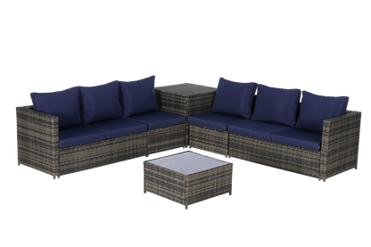 Outdoor Sectional Set PE Rattan Steel Dark Blue L-Shape 6 Piece Seats 8