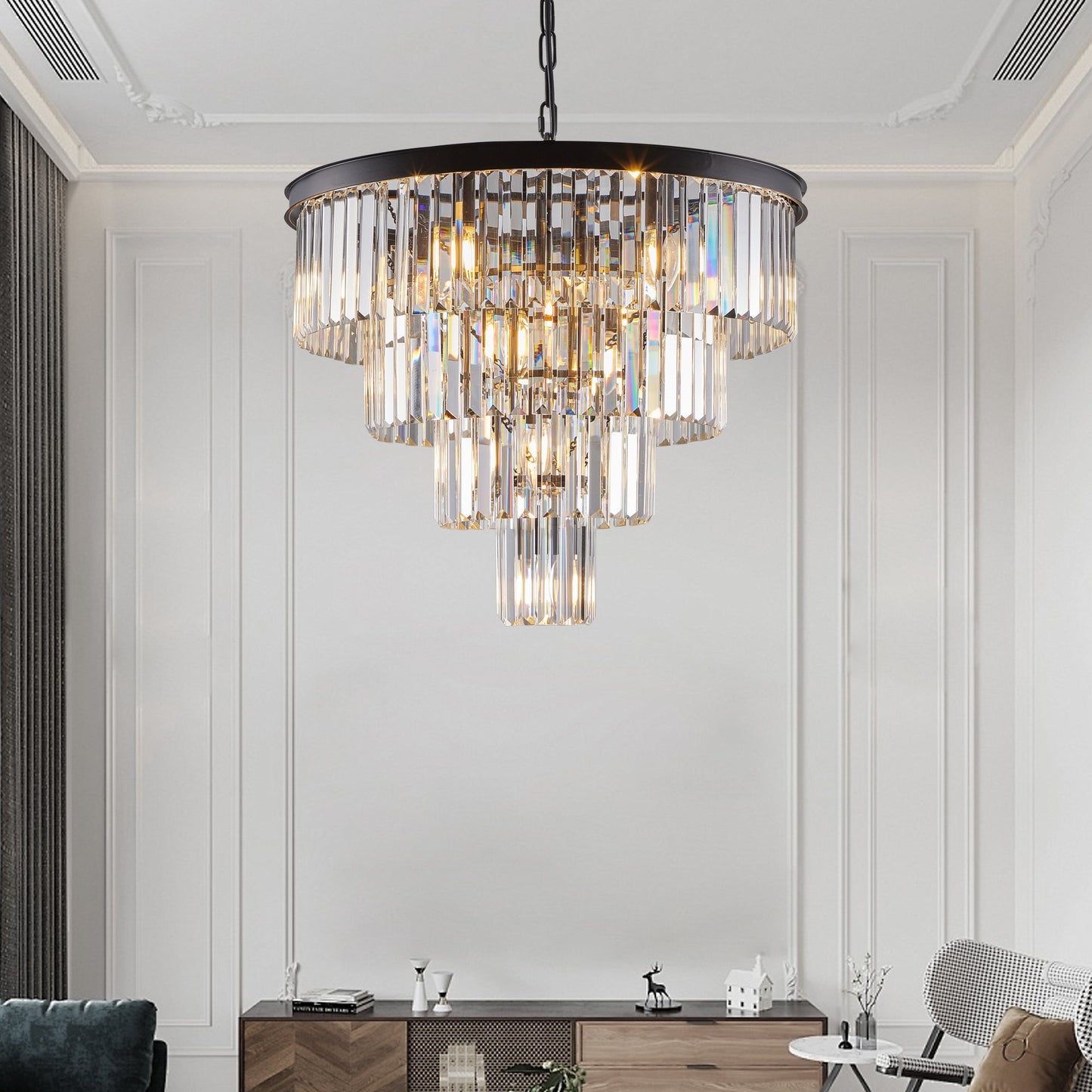 Chandelier Crystal 4-Tier Black 24 In Modern Living Dining Room