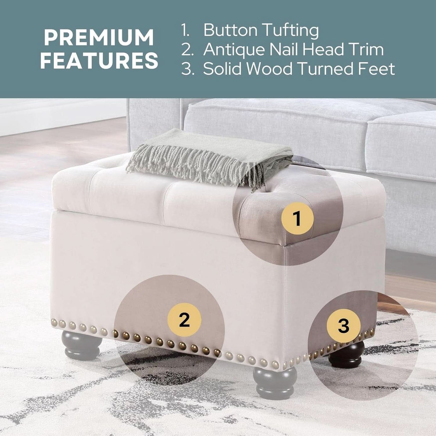 24 Inch Velvet Textured Light Taupe Storage Ottoman