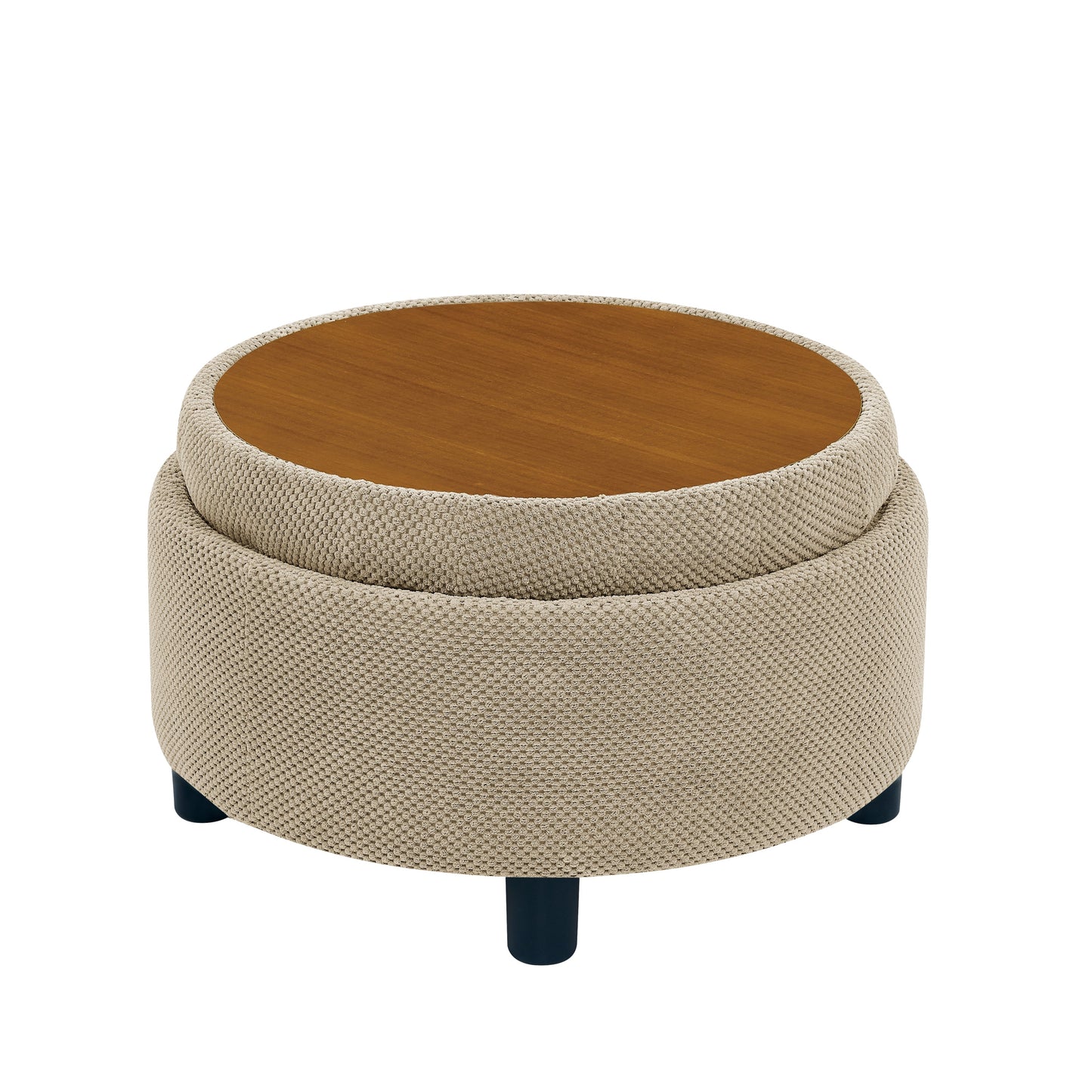 25 Inch Round Storage Ottoman with Wooden Top Side Table, Camel Fabric