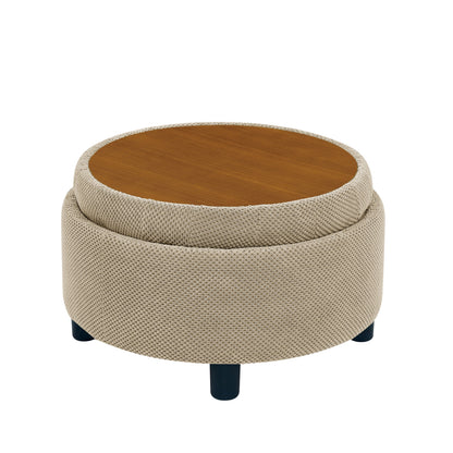 25 Inch Round Storage Ottoman with Wooden Top Side Table, Camel Fabric