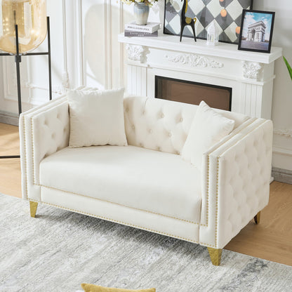 Loveseat Chesterfield Velvet Beige Button Tufted Nailhead Pine Frame 58.6 In