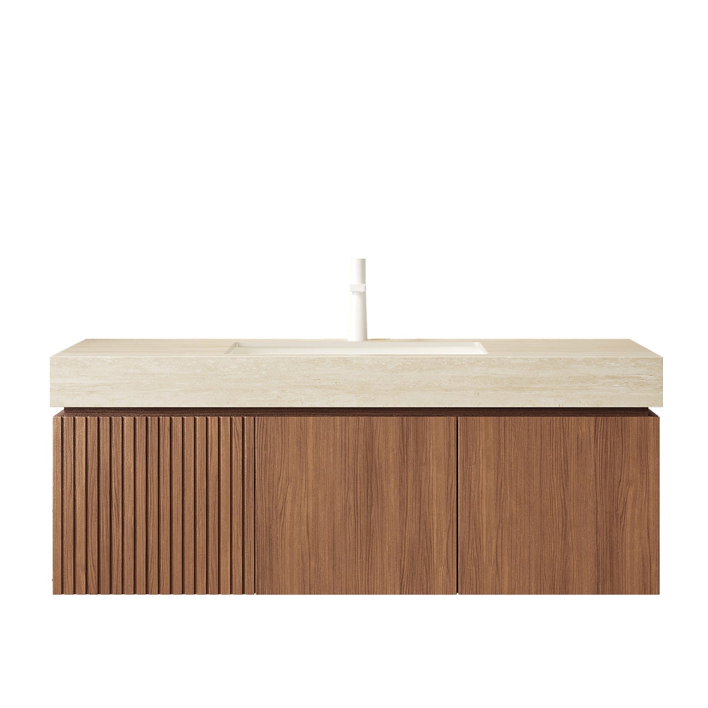48' Floating Bathroom Vanity with Travertine Sintered Stone Top and Ceramic Basin