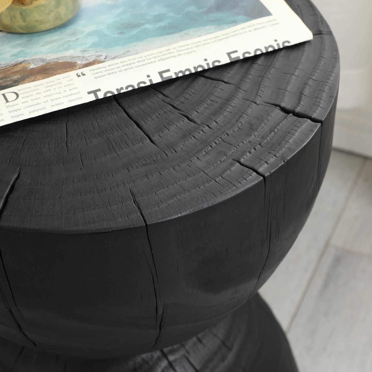Solid Mango Wood Round Side Table, 12.2x18.11 in, Black, Burnt Vintage Look
