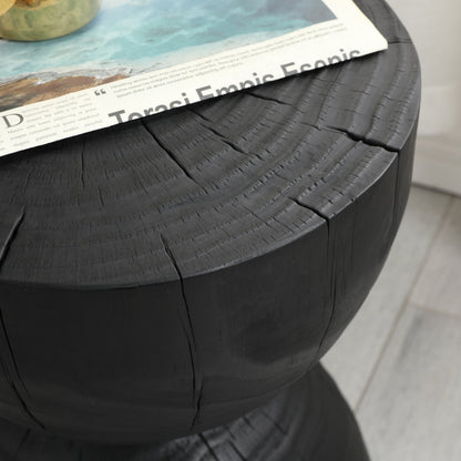 Solid Mango Wood Round Side Table, 12.2x18.11 in, Black, Burnt Vintage Look