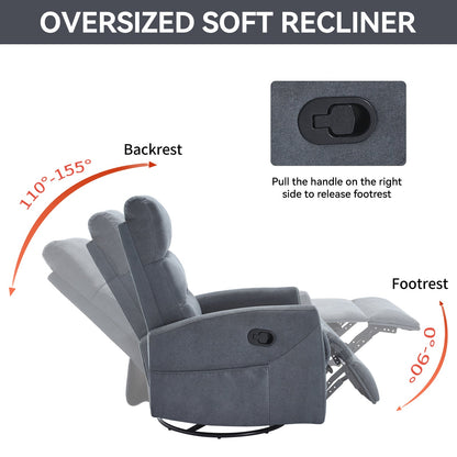 Manual Recliner Chair with Rocker and Swivel in Fabric for Living Room, Grey