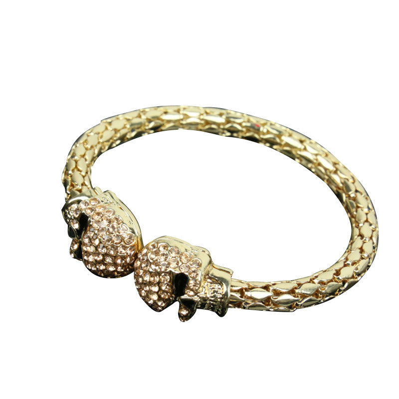 Shimmering Light-luxury Golden Skull Open Bangle Studded With Diamonds