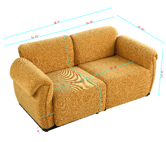 Loveseat Modular Chenille Yellow Iron Frame 2 Seat 68.5 In