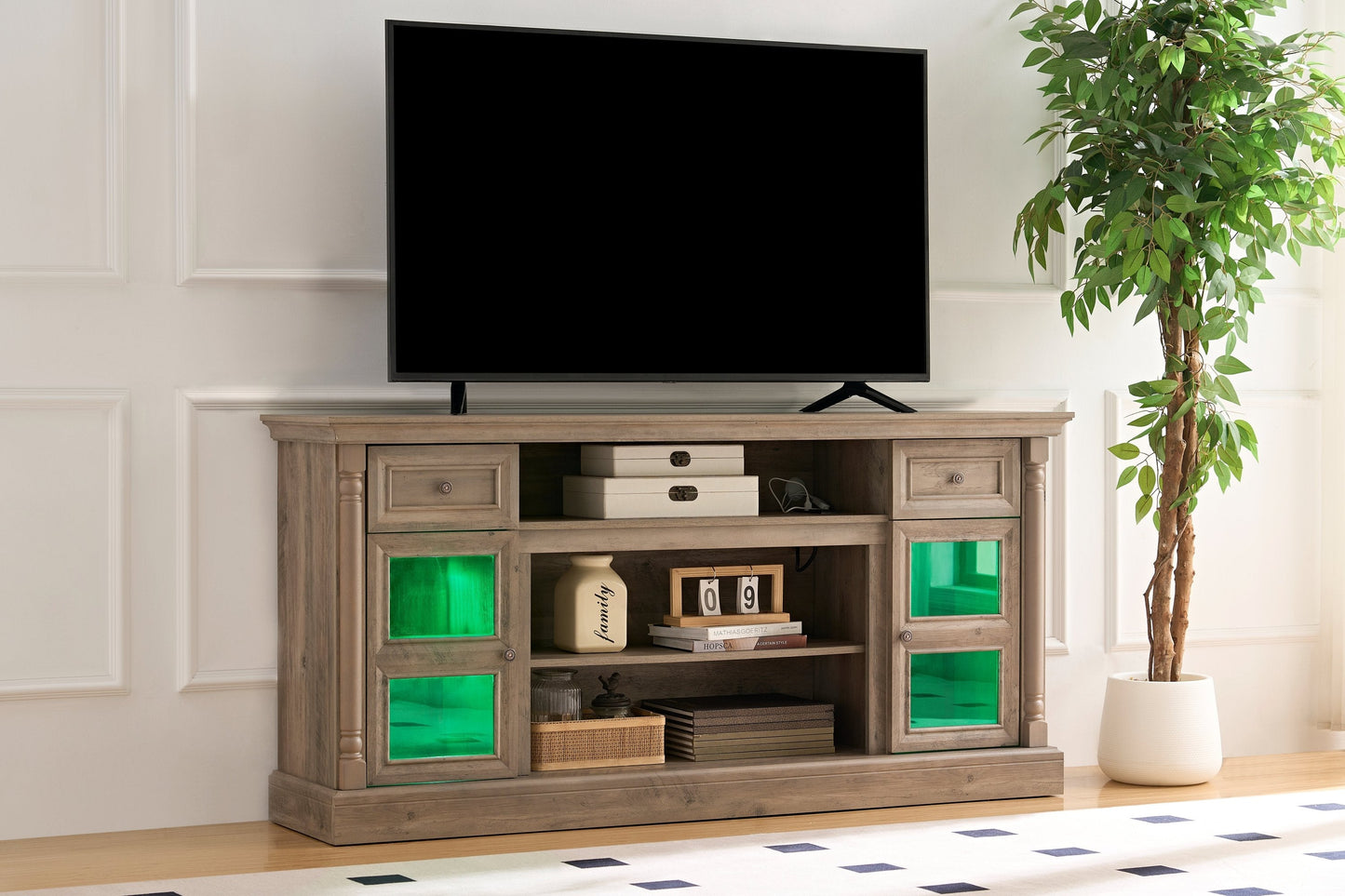 TV Stand Farmhouse Fireplace Gray MDF Roman Column LED Fits 80 In TV