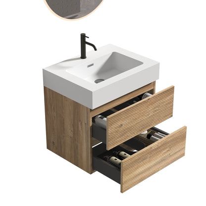 24' Rough Oak Bathroom Vanity with White Glossy Engineered Quartz Sink Soft Drawers
