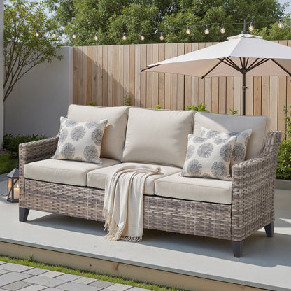 Outdoor PE Rattan Sofa Set 3 Seat Gray Beige Cushions