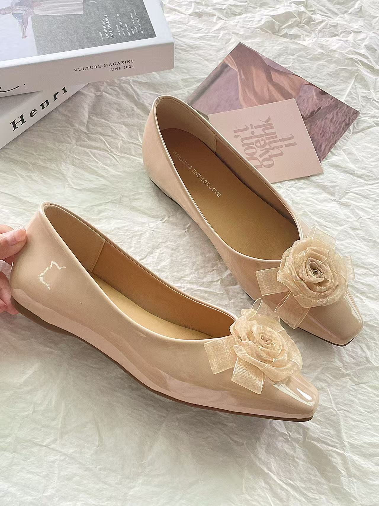 2026 Summer French Style Patent Leather Flats Women, Square Toe Shallow Shoes With 3D Mesh Rose, Slip-on Elegant Daily Ballet Shoes