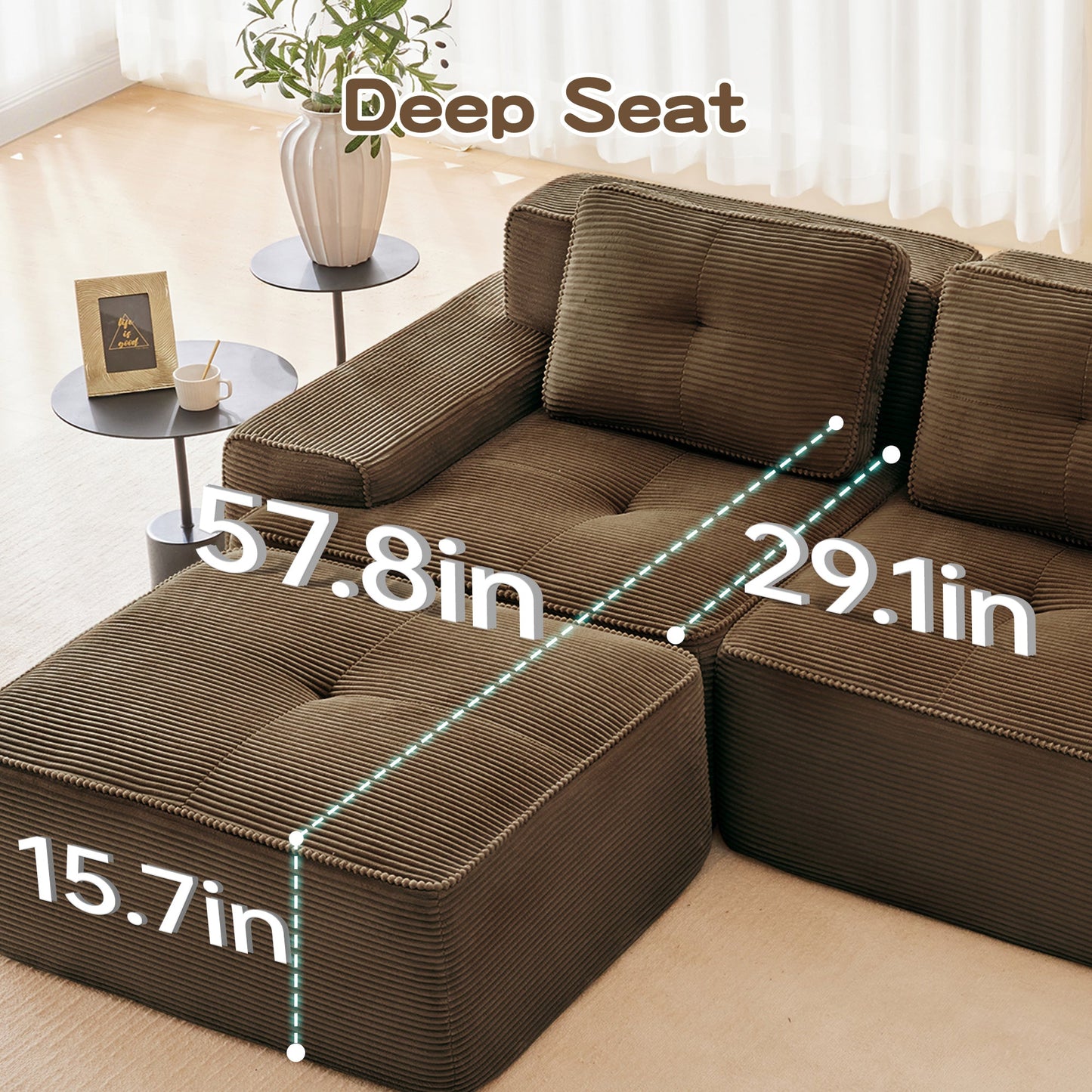 Sectional loveseat L-Shape Corduroy Brown 2 Seat Modular with Ottoman 82 In