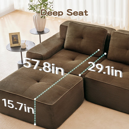 Sectional Sofa L-Shape Corduroy Brown 3 Seat Modular with Ottoman