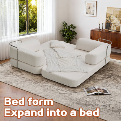 Sofa Floor Low Profile 5-in-1 Corduroy Cream Sleeper with Blanket 74.8 In