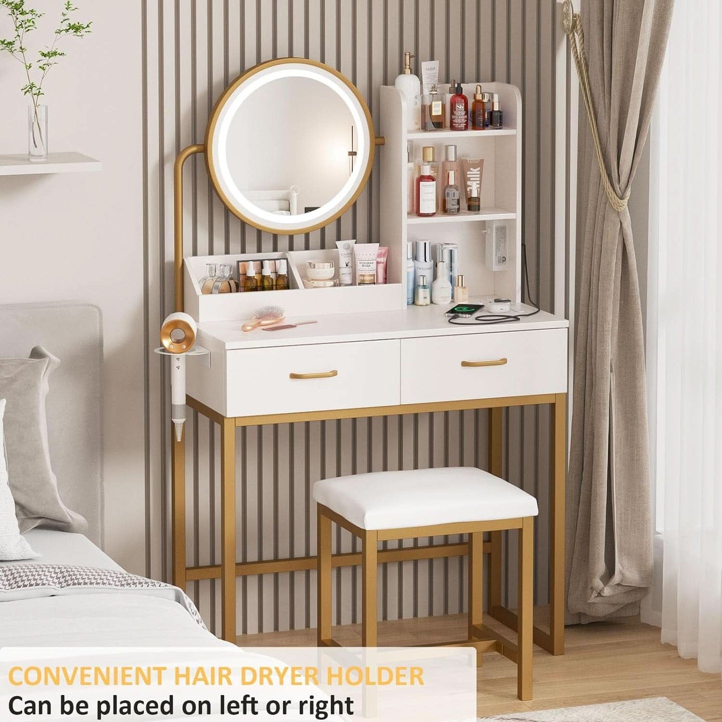 White Round LED Makeup Vanity Mirror With Charging Station 31.5 Inch