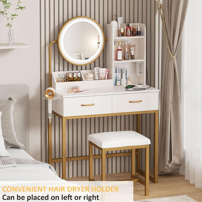 White Round LED Makeup Vanity Mirror With Charging Station 31.5 Inch