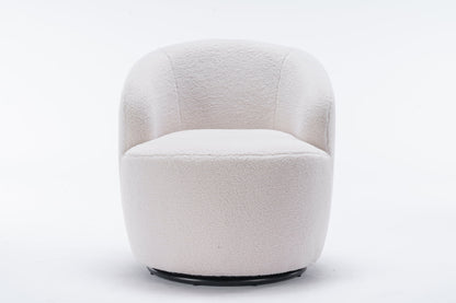 Accent Chair Swivel Barrel Teddy Fabric Ivory Black Ring Base 360 Degree 250 LB