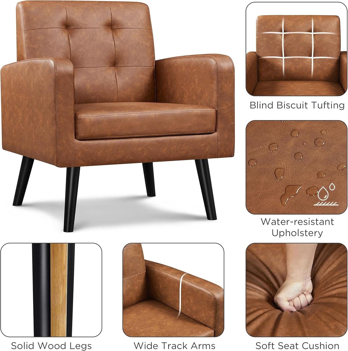 Brown PU Leather Midcentury Upholstered Ergonomic Armchair