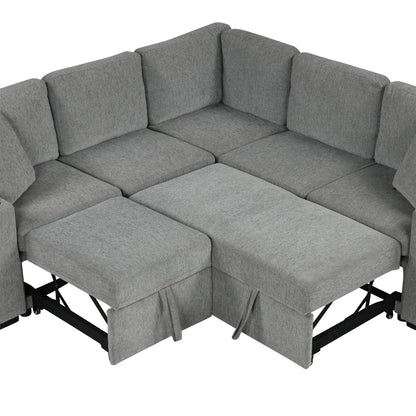 84" Sectional Sofa Convertible Pull-Out USB Gray