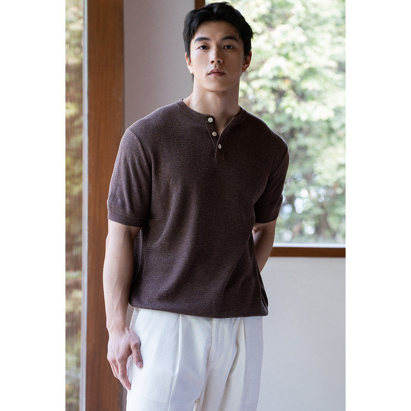 Mens Casual Short-sleeved Knit Top With A Half-placket