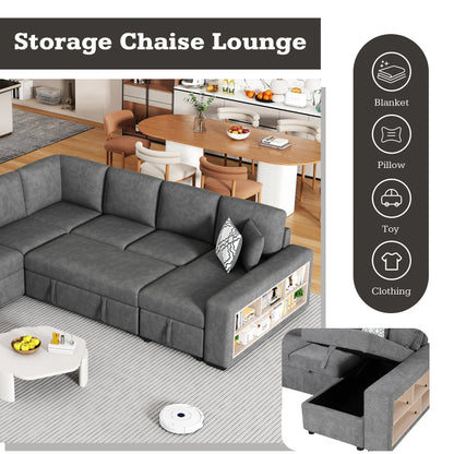 Sectional Sofa U-Shape Chenille Gray 5 Seat USB Ports Pull-Out 109 In