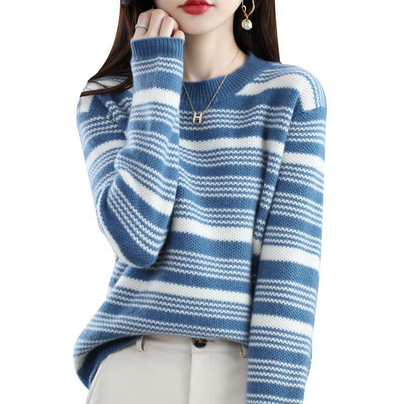Versatile Loose-fitting Round-neck Striped Knit Top For Fallwinterstylish And Perfect As A Base Layer