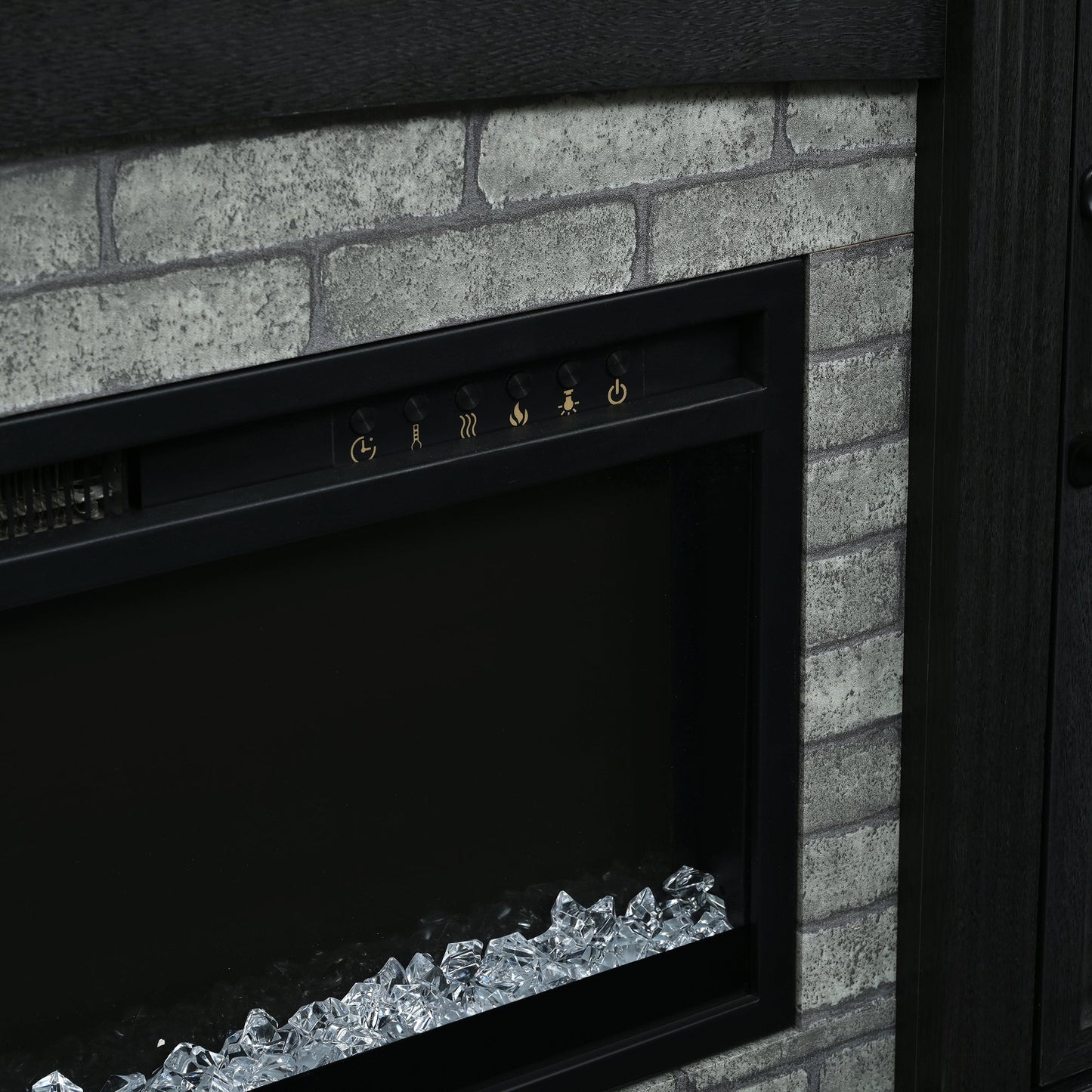 TV Stand Fireplace Black MDF Walnut Top Gray Brick 1400W Fits 70 In TV 66.9 In