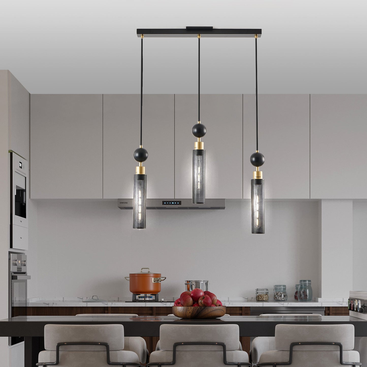 Chandelier 3-Light Black Gold Pendant Cylindrical Mesh Shades 25 In