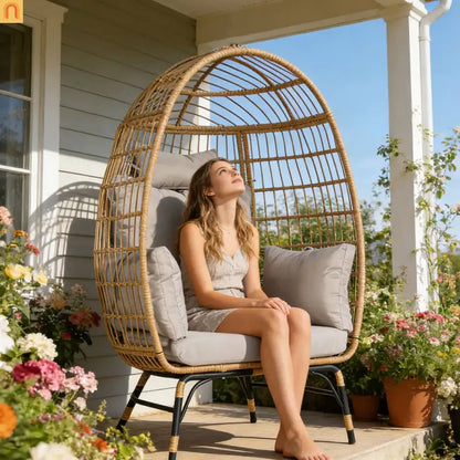 Outdoor Egg Chair Wicker 39" Light Gray 600 Lb