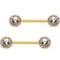 9/16 Clear CZ Gem Gold Plated Bejeweled Barbell Nipple Ring Set