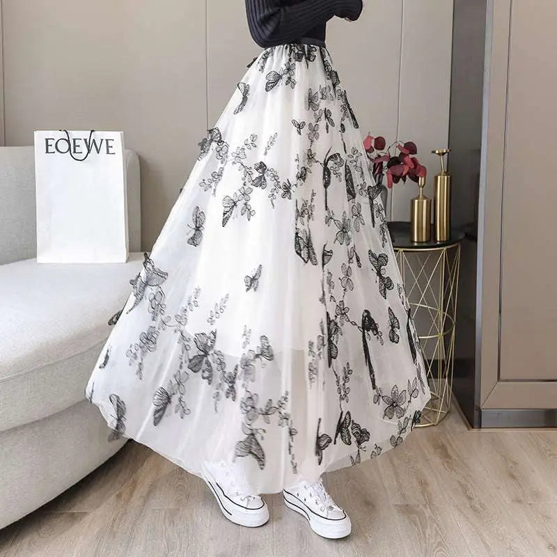 Embroidered Bow Lace Mesh Skirt Mid-length