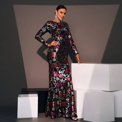 Embroidered Floral Long Sleeve Evening Gown