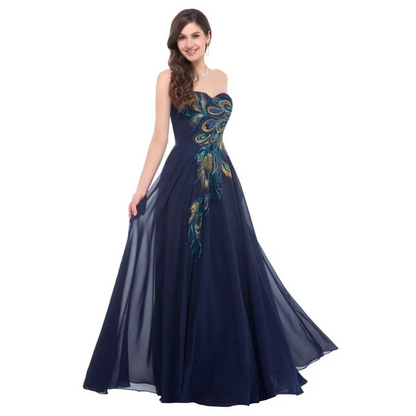 Embroidered Peacock Heart Collar Dress Chiffon