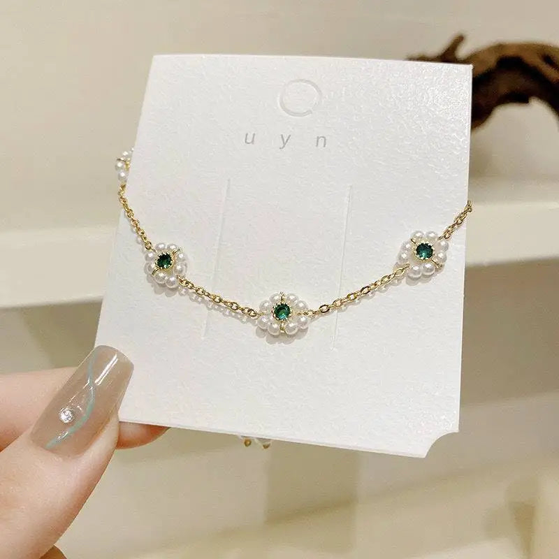 Emerald Pearl Flowers Bracelet Adjustable Chain
