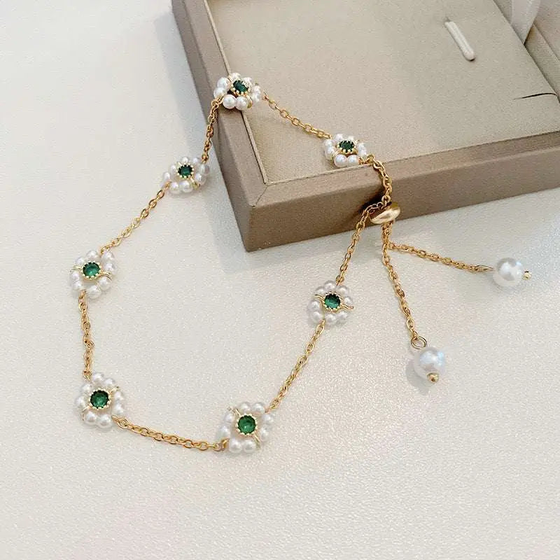 Emerald Pearl Flowers Bracelet Adjustable Chain