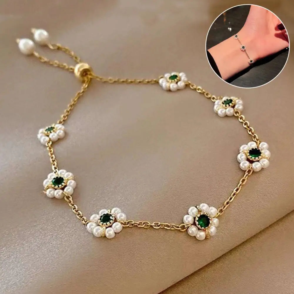 Emerald Pearl Flowers Bracelet Adjustable Chain