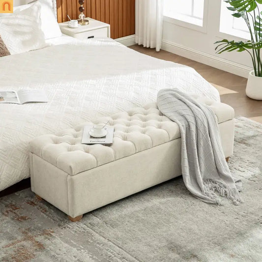 Storage Bench Tufted Chenille Beige Flip Top 60" 300 LB