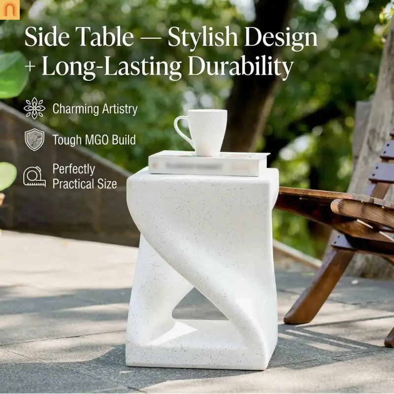 Outdoor Side Table MGO Twisted Base Terrazzo White 13.39x17.91in