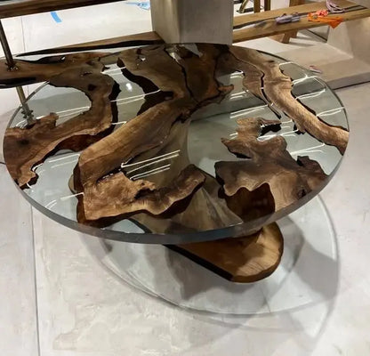 Round Epoxy Resin Table with Wooden Vortex Base Made of Walnut