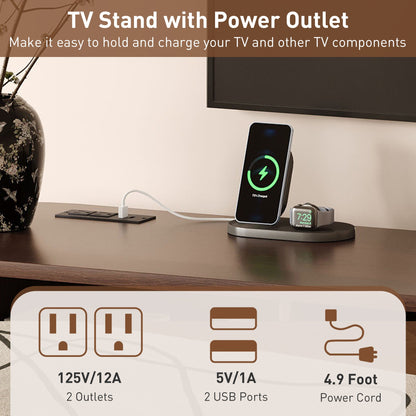 TV Stand Mid-Century Dark Brown MDF Tambour Door 2 AC 2 USB Fits 80 In TV