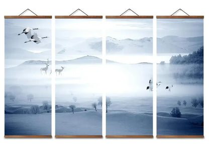 Chinese Snow Mountain Deer & Bird Canvas Scroll – Blue & White