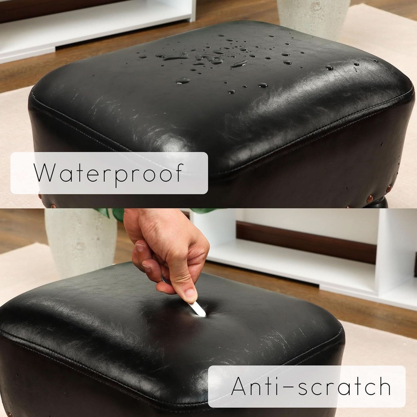 Black Leather Ottoman Footstool With Thick Padded Foam