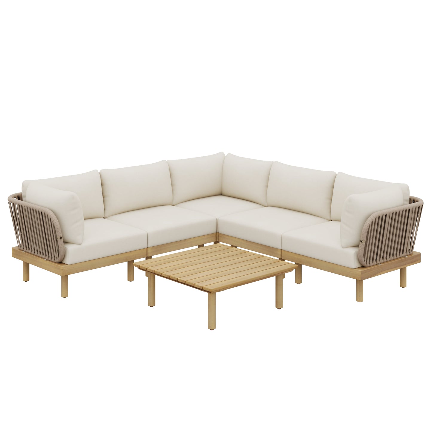 Outdoor Sectional Set Acacia Wood Rope L-Shape Beige 6 Piece