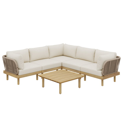 Outdoor Sectional Set Acacia Wood Rope L-Shape Beige 6 Piece
