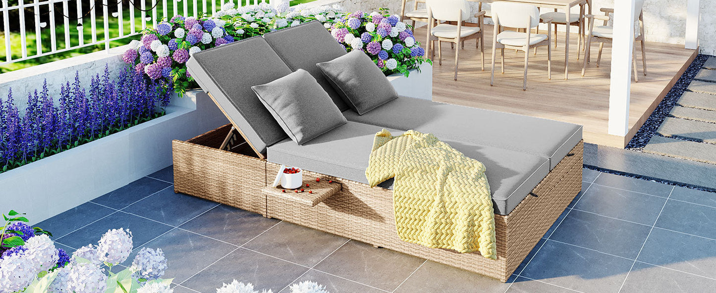 Outdoor Double Sunbed, Wicker Rattan Patio Reclining Chairs with Adjustable